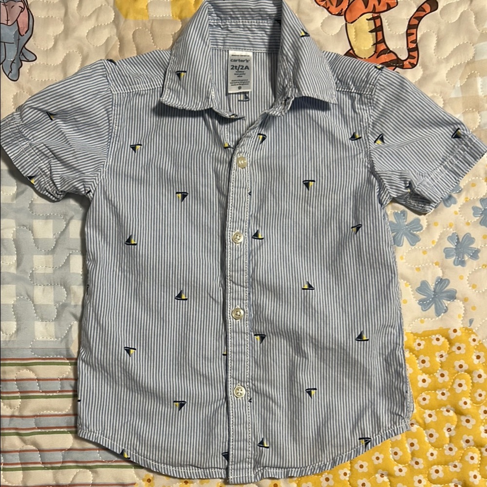 Blue Striped Kids Shirt with Sailboat Print